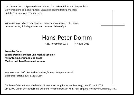 Anzeige von Hans-Peter Domm von Kölner Stadt-Anzeiger / Kölnische Rundschau / Express
