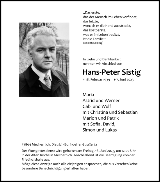 Anzeige von Hans-Peter Sistig von Kölner Stadt-Anzeiger / Kölnische Rundschau / Express