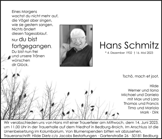 Anzeige von Hans Schmitz von  Werbepost 