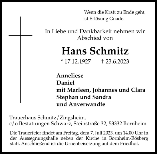 Anzeige von Hans Schmitz von  Schaufenster/Blickpunkt 