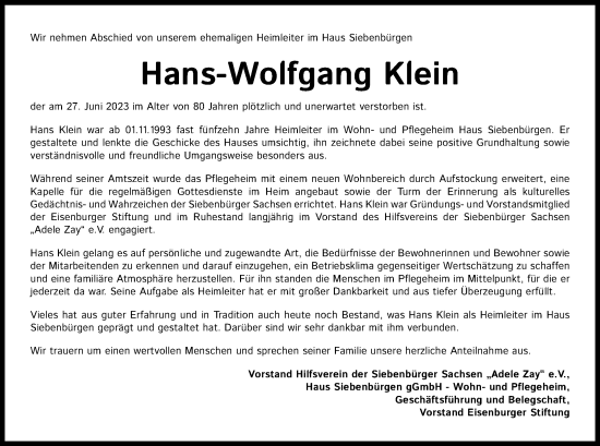 Anzeige von Hans-Wolfgang Klein von Kölner Stadt-Anzeiger / Kölnische Rundschau / Express