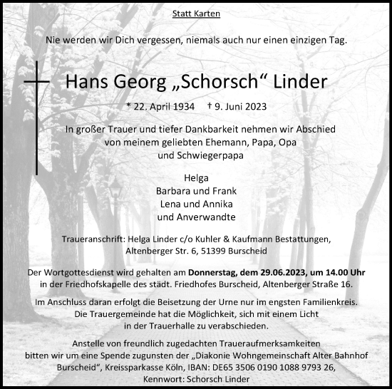 Anzeige von Hans Georg Linder von Kölner Stadt-Anzeiger / Kölnische Rundschau / Express