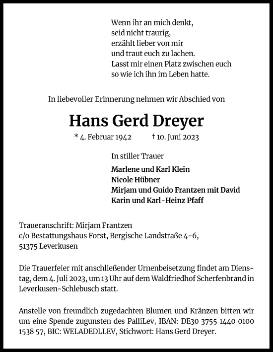 Anzeige von Hans Gerd Dreyer von Kölner Stadt-Anzeiger / Kölnische Rundschau / Express