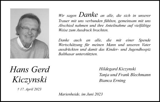 Anzeige von Hans Gerd Kiczynski von Kölner Stadt-Anzeiger / Kölnische Rundschau / Express