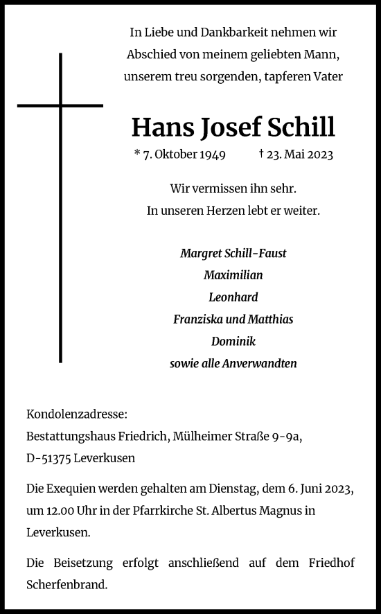 Anzeige von Hans Josef Schill von Kölner Stadt-Anzeiger / Kölnische Rundschau / Express