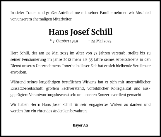 Anzeige von Hans Josef Schill von Kölner Stadt-Anzeiger / Kölnische Rundschau / Express