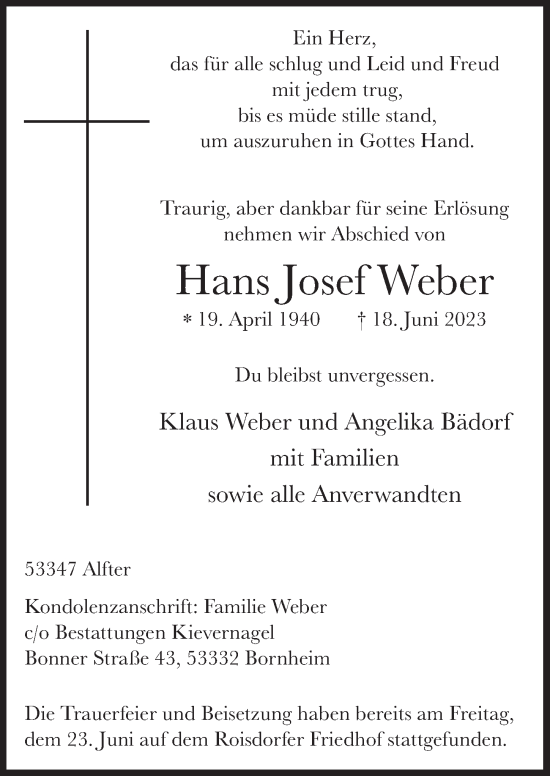 Anzeige von Hans Josef Weber von  Schaufenster/Blickpunkt 