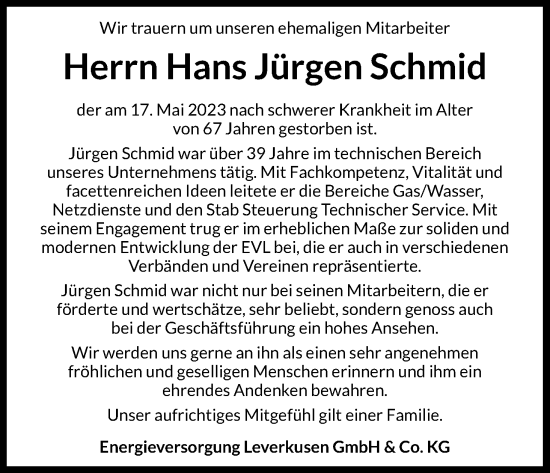 Anzeige von Hans Jürgen Schmid von Kölner Stadt-Anzeiger / Kölnische Rundschau / Express