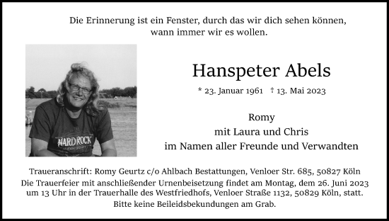 Anzeige von Hanspeter Abels von Kölner Stadt-Anzeiger / Kölnische Rundschau / Express