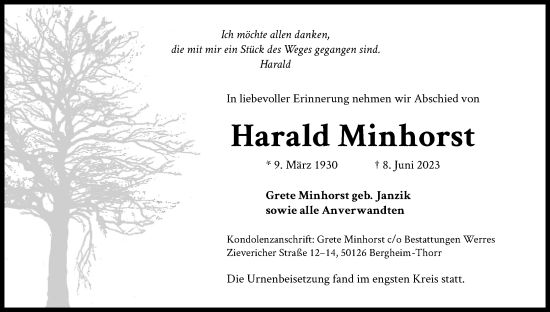 Anzeige von Harald Minhorst von Kölner Stadt-Anzeiger / Kölnische Rundschau / Express