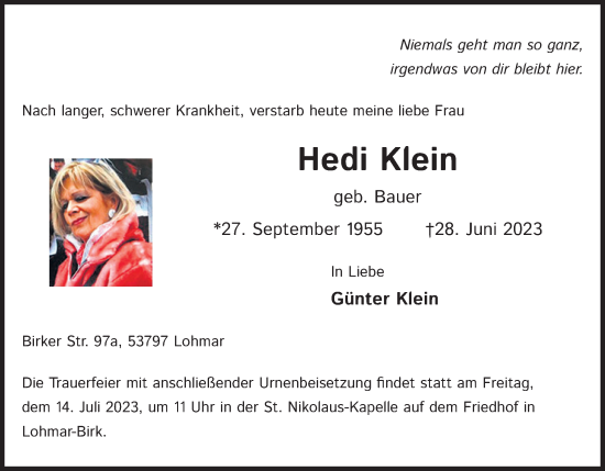 Anzeige von Hedi Klein von Kölner Stadt-Anzeiger / Kölnische Rundschau / Express
