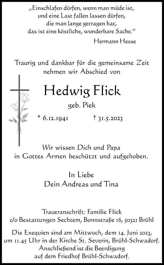 Anzeige von Hedwig Flick von Kölner Stadt-Anzeiger / Kölnische Rundschau / Express