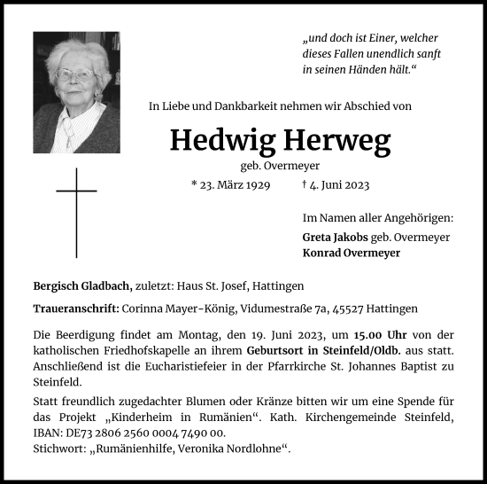 Anzeige von Hedwig Herweg von Kölner Stadt-Anzeiger / Kölnische Rundschau / Express