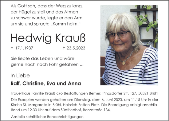 Anzeige von Hedwig Krauß von  Schlossbote/Werbekurier 