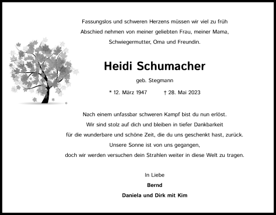 Anzeige von Heidi Schumacher von Kölner Stadt-Anzeiger / Kölnische Rundschau / Express