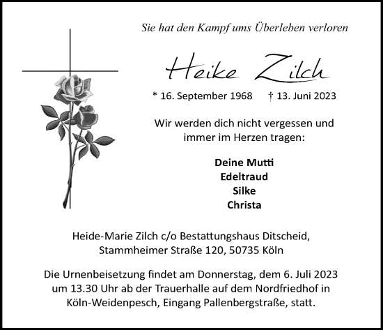 Anzeige von Heike Zilch von Kölner Stadt-Anzeiger / Kölnische Rundschau / Express