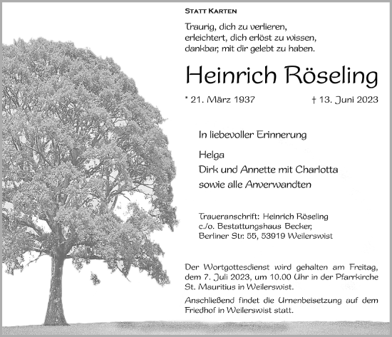 Anzeige von Heinrich Röseling von  Blickpunkt Euskirchen 