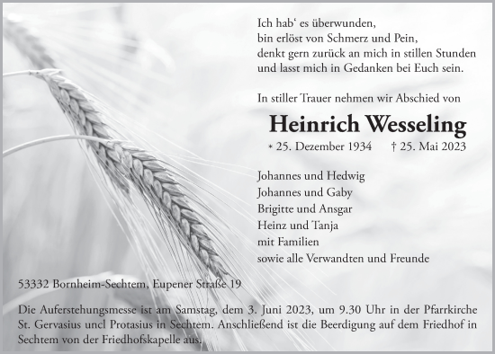 Anzeige von Heinrich Wesseling von  Schaufenster/Blickpunkt 