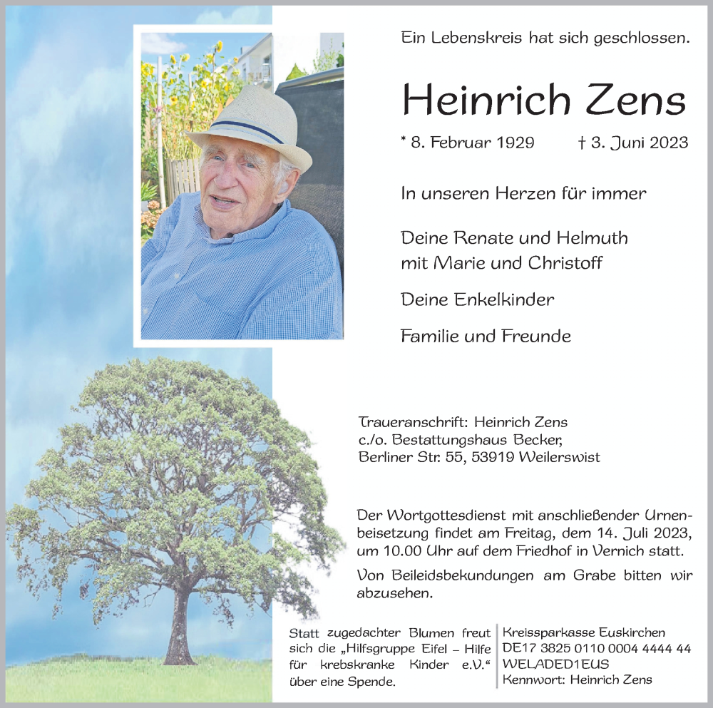  Traueranzeige für Heinrich Zens vom 01.07.2023 aus Kölner Stadt-Anzeiger / Kölnische Rundschau / Express