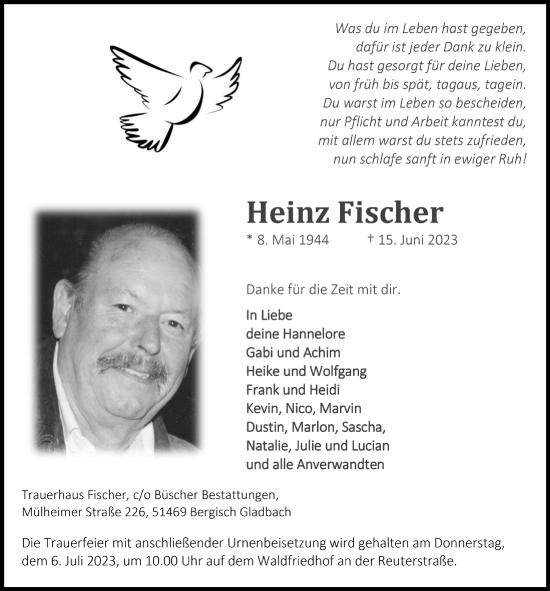 Anzeige von Heinz Fischer von  Bergisches Handelsblatt 