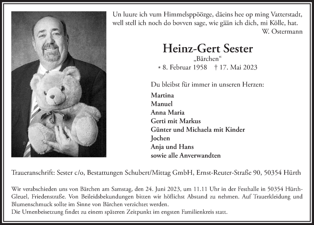  Traueranzeige für Heinz-Gert Sester vom 02.06.2023 aus  Wochenende 