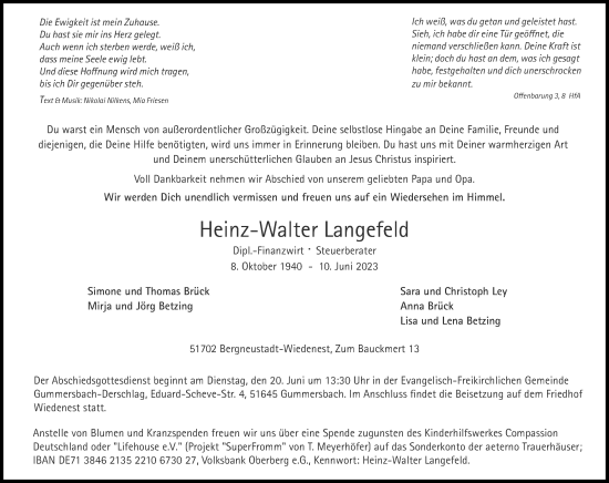 Anzeige von Heinz-Walter Langefeld von Kölner Stadt-Anzeiger / Kölnische Rundschau / Express
