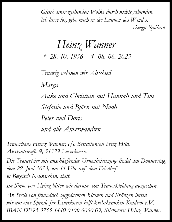 Anzeige von Heinz Wanner von Kölner Stadt-Anzeiger / Kölnische Rundschau / Express