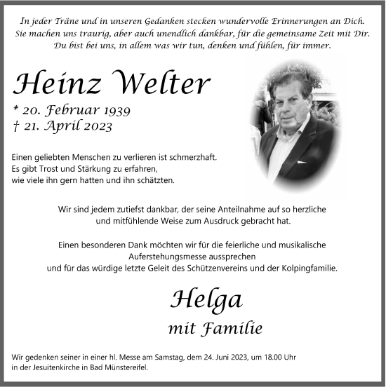 Anzeige von Heinz Welter von  Blickpunkt Euskirchen 