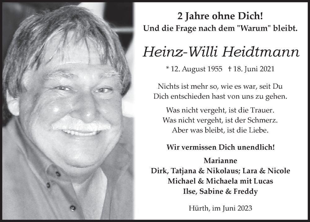  Traueranzeige für Heinz-Willi Heidtmann vom 16.06.2023 aus  Wochenende 