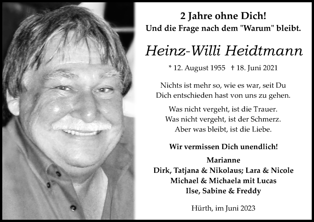  Traueranzeige für Heinz-Willi Heidtmann vom 17.06.2023 aus Kölner Stadt-Anzeiger / Kölnische Rundschau / Express