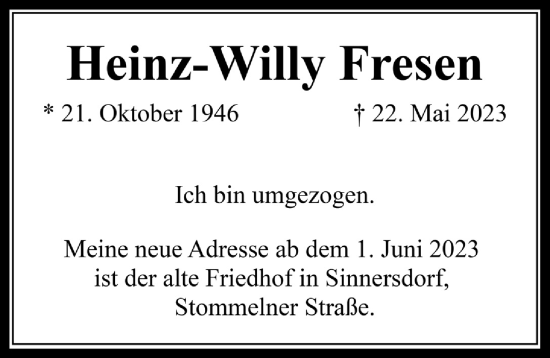 Anzeige von Heinz-Willy Fresen von  Wochenende 