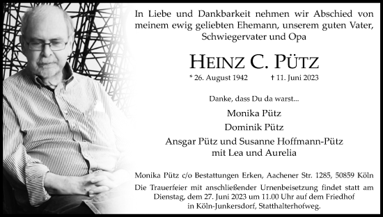 Anzeige von Heinz C. Pütz von Kölner Stadt-Anzeiger / Kölnische Rundschau / Express