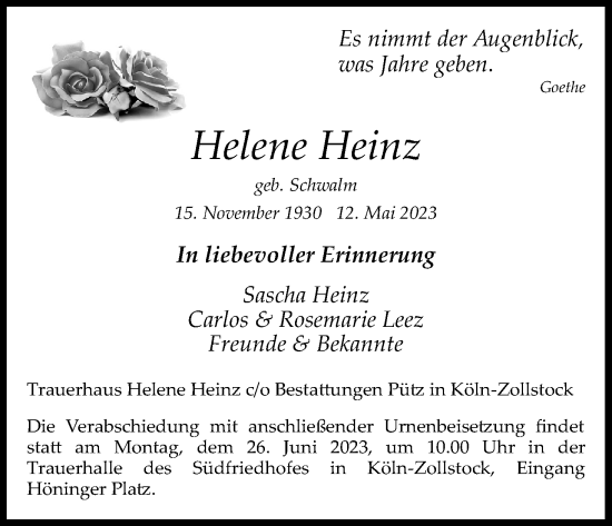 Anzeige von Helene Heinz von Kölner Stadt-Anzeiger / Kölnische Rundschau / Express
