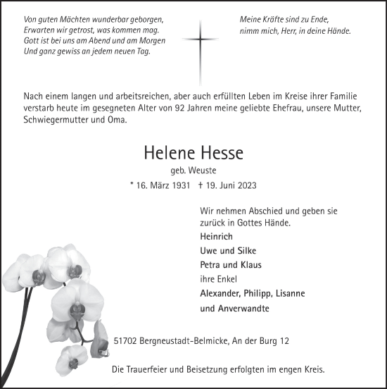Anzeige von Helene Hesse von  Anzeigen Echo 
