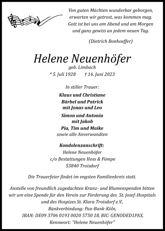 Anzeige von Helene Neuenhöfer von Kölner Stadt-Anzeiger / Kölnische Rundschau / Express