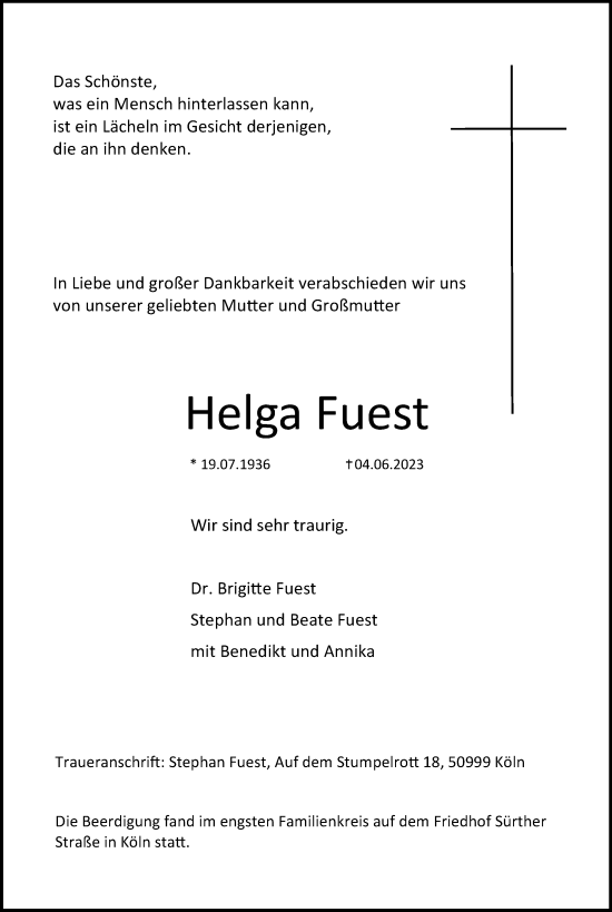 Anzeige von Helga Fuest von Kölner Stadt-Anzeiger / Kölnische Rundschau / Express