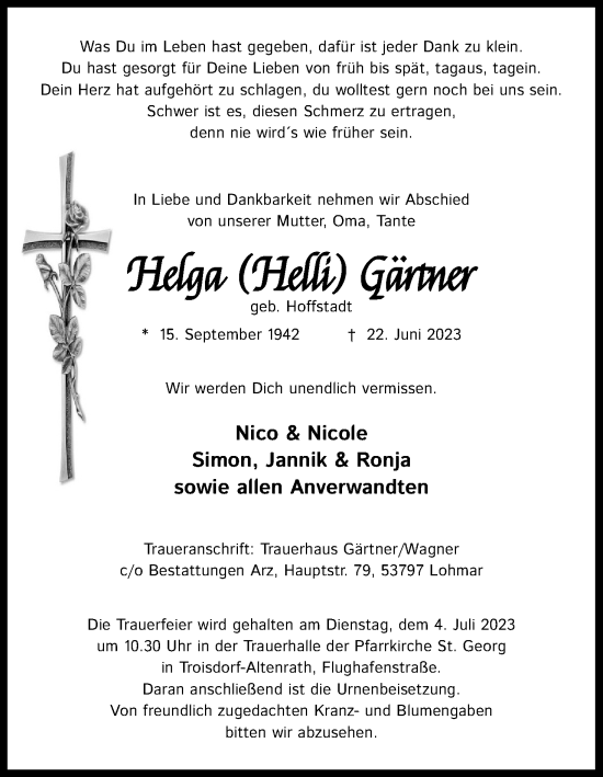 Anzeige von Helga Gärtner von Kölner Stadt-Anzeiger / Kölnische Rundschau / Express