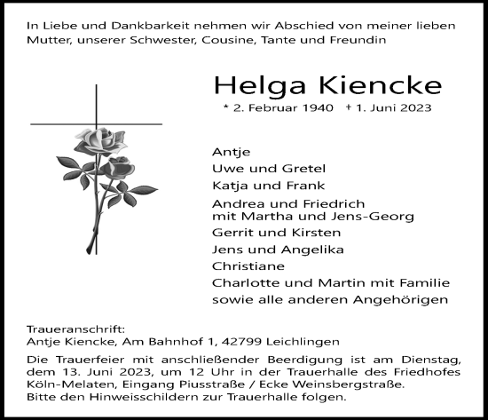 Anzeige von Helga Kiencke von Kölner Stadt-Anzeiger / Kölnische Rundschau / Express