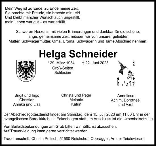 Anzeige von Helga Schneider von  Anzeigen Echo  Lokalanzeiger 