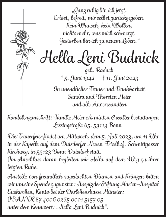 Anzeige von Hella Leni Budnick von  Schaufenster/Blickpunkt 