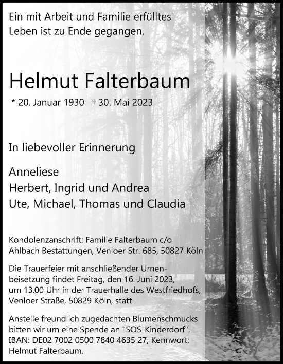Anzeige von Helmut Falterbaum von Kölner Stadt-Anzeiger / Kölnische Rundschau / Express