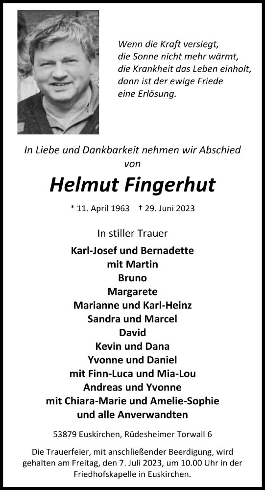 Anzeige von Helmut Fingerhut von  Blickpunkt Euskirchen 