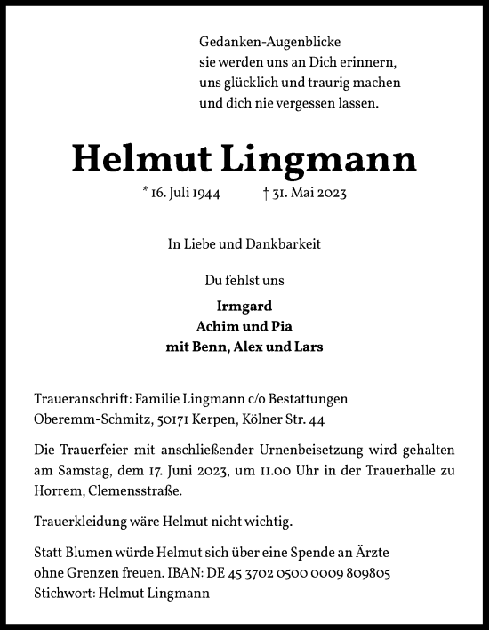 Anzeige von Helmut Lingmann von Kölner Stadt-Anzeiger / Kölnische Rundschau / Express