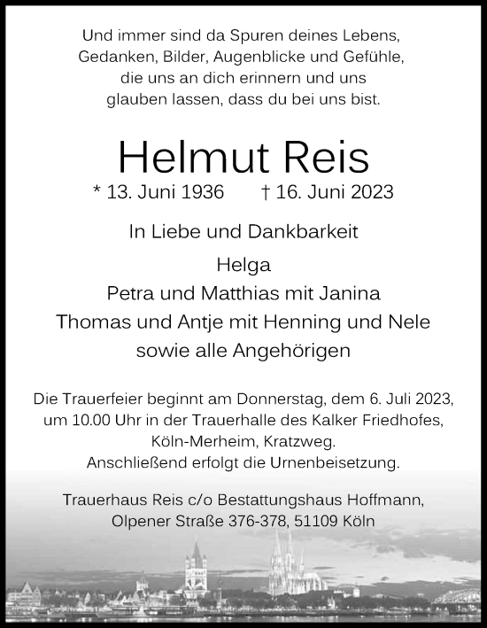 Anzeige von Helmut Reis von Kölner Stadt-Anzeiger / Kölnische Rundschau / Express