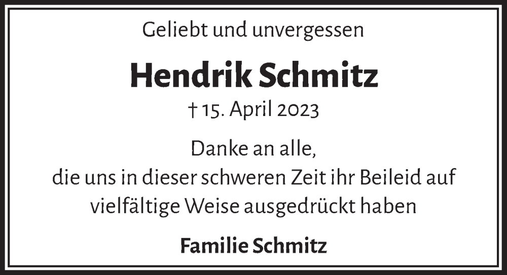  Traueranzeige für Hendrik Schmitz vom 02.06.2023 aus  Bergisches Handelsblatt 