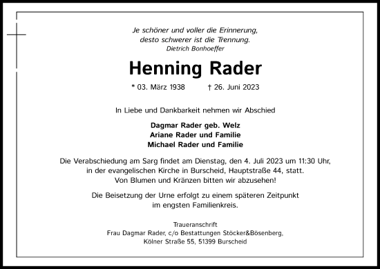 Anzeige von Henning Rader von Kölner Stadt-Anzeiger / Kölnische Rundschau / Express