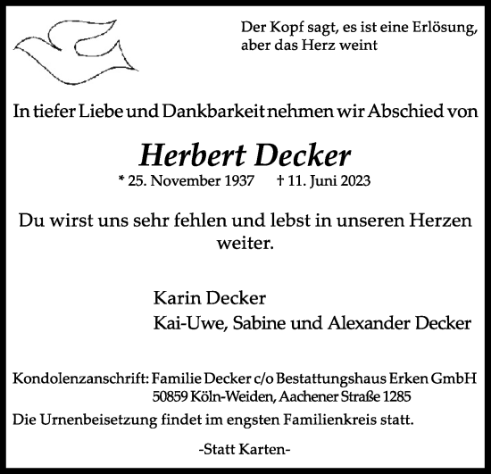 Anzeige von Herbert Decker von Kölner Stadt-Anzeiger / Kölnische Rundschau / Express