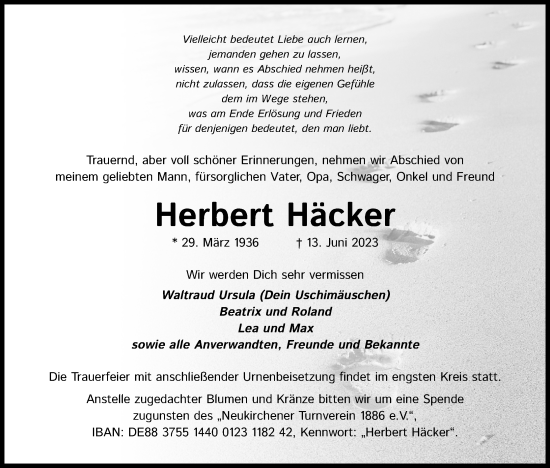 Anzeige von Herbert Häcker von Kölner Stadt-Anzeiger / Kölnische Rundschau / Express