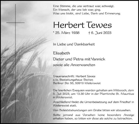 Anzeige von Herbert Tewes von  Blickpunkt Euskirchen 