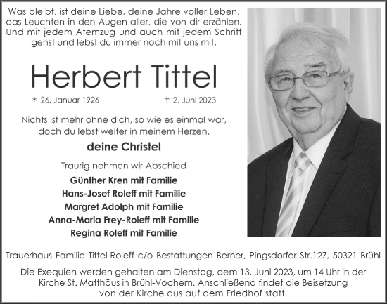 Anzeige von Herbert Tittel von  Schlossbote/Werbekurier 